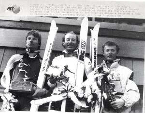 Sport invernali - Sci alpino - Slalom gigante maschile - Lake Placid (Stati Uniti d'America) - Coppa del mondo di sci 1986 - Ingemar Stenmark sul podio tra Hubert Strolz (sinistra) e Robert Erlacher