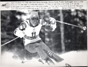 Sport invernali - Sci alpino - Combinata maschile - Monte Allan-Nakiska (Canada) - Giochi della XV Olimpiade invernale 1988 - Pirmin Zurbriggen in azione durante lo slalom speciale