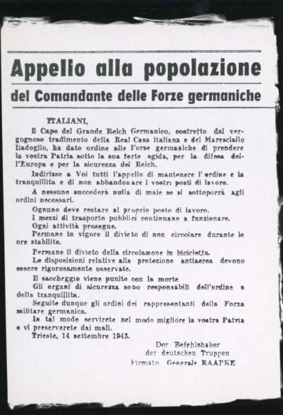 Appello alla popolazione di Trieste del Comandante delle Forze armate tedesche (Wehrmacht), Trieste 14 settembre 1943 - Nazismo - Comunicazione