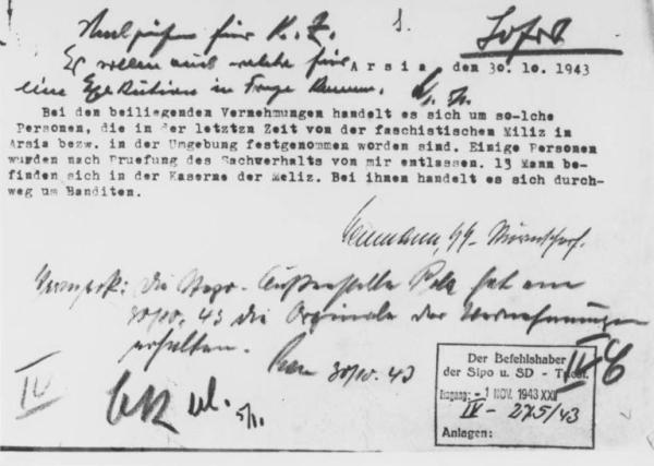 Comunicazione di un SS da Arsia il 30 ottobre 1943 - Interrogatori della milizia fascista - Arresto di prigionieri politici (detti banditi) - Nazismo - Seconda guerra mondiale