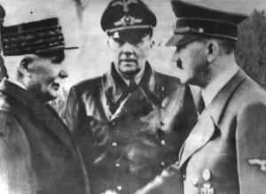 Seconda guerra mondiale - Francia, Montoire-sur-le-Loir - Incontro tra Philippe Pétain, maresciallo e capo di stato francese, e Adolf Hitler nel 1940 - Ritratto - Al centro l'interprete Paul Schmidt - Nazismo