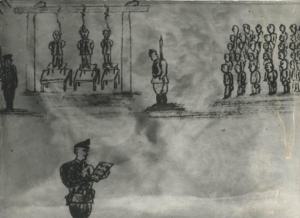 Disegno a matita di Kalman Landau (deportato a 12 anni) - 3 Heftlinge ferurteilt zum Galgen - 1945 / Campo di concentramento di Buchenwald - Nazismo - Cortile - Esecuzione - Forca con prigionieri impiccati - SS in divisa - Prigionieri con pigiama a strisce ("zebrati") assistono