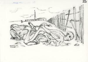 Disegno di Corrado Cagli - Campo di concentramento di Buchenwald - Nazismo - 1945 - Liberazione - Cumulo di cadaveri scheletriti nudi insepolti - Sullo sfondo camino del crematorio - Recinzione