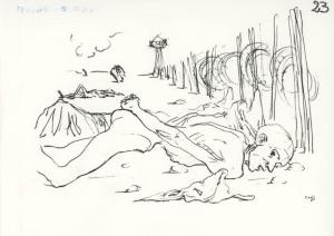 Disegno di Corrado Cagli - Campo di concentramento di Buchenwald - Nazismo - 1945 - Liberazione - Cumulo di cadaveri scheletriti nudi insepolti - Sullo sfondo torretta di controllo / guardia - Recinzione con filo apinato