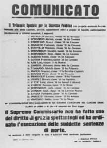 Comunicato del Tribunale Speciale per la Sicurezza Pubblica - Condanna a morte di 23 persone considerate partecipi dell'assassino di due guardie del carcere di Udine, 12 febbraio 1945 - Fucilazione - Nazismo