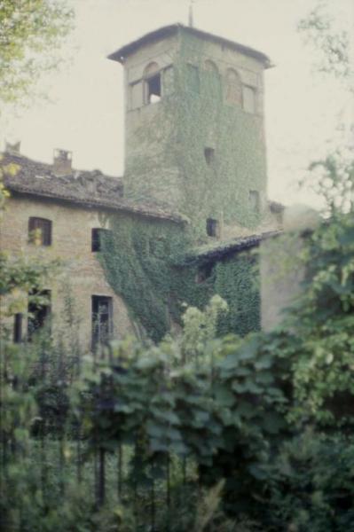 Sesto San Giovanni - Parco Nord, settore Torretta - Villa Torretta - Edificio abbandonato e diroccato - Torre rettangolare - Edera sui muri - Giardino incolto - Vegetazione
