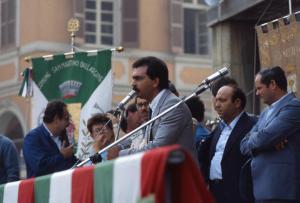 Manifestazione contro la possibile installazione di una centrale elettronucleare 1983 - Viadana - Via Alessandro Manzoni - Palco delle autorità