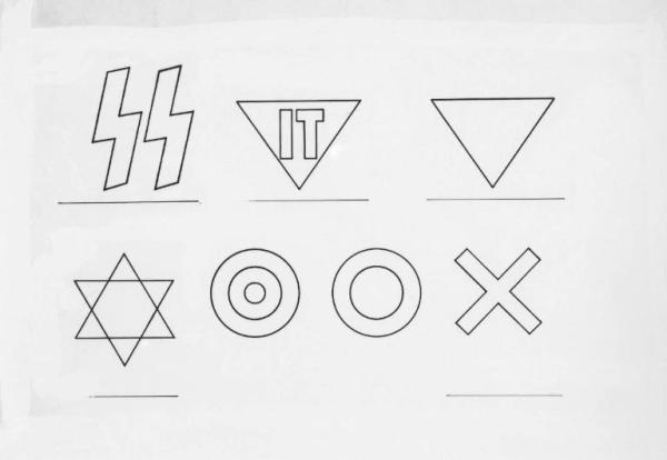 Nazismo - Simboli concentrazionari: SS, categorie da sterminare, ebrei, bersagli per le SS (simbolo che indica le persone pericolose)