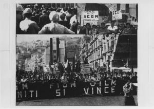 Dopoguerra - Genova (?) - Città - Manifestazione sindacale unitaria dei lavoratori - Corteo - Cartelli e striscioni - Comizio
