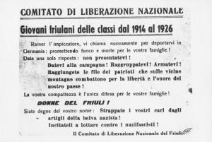 Volantino del CLN (Comitato di Liberazione Nazionale) del Friuli - Seconda guerra mondiale - Nazismo - Disertare - Giovani friulani delle classi 1914-1926 - Propaganda