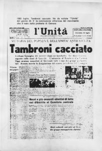 Prima pagina del quotidiano "l'Unità" del 20/07/1960 - Dimissioni del governo Tambroni - Vittoria del popolo - Antifascismo
