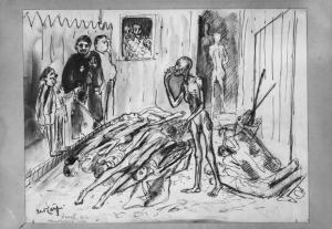 Disegno a matita di Aldo Carpi - Davanti al Bahnhof - Campo di concentramento di Mauthausen-Gusen - Nazismo - 1944-1945 - Prigionia - Morti