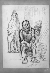 Disegno a matita di Aldo Carpi - Figure di deportati - Campo di concentramento di Mauthausen-Gusen - Nazismo - 1945 - Ritratto di gruppo: deportati con pigiama a strisce ("zebrati")