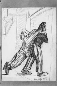 Disegno a matita di Aldo Carpi - Malato trasportato all'ospedale da un compagno - Campo di concentramento di Mauthausen-Gusen - Nazismo - 1945 - Deportato trasporta compagno malato con pigiama a strisce ("zebrati")