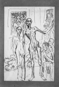 Disegno a matita di Aldo Carpi - La camera a gas - Campo di concentramento di Mauthausen-Gusen - Nazismo - 1944-1945 - Camera a gas - Uomini prigionieri scheletriti