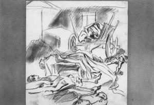 Disegno a matita di Aldo Carpi - Cadaveri davanti al crematorio - Campo di concentramento di Gusen - Nazismo - 1945 - Crematorio - Cumulo di cadaveri nudi e scheletriti
