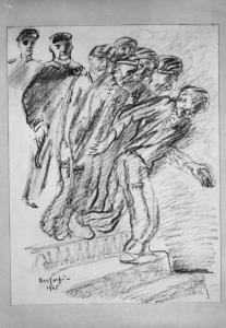 Disegno a matita di Aldo Carpi - Incontro con i "muselmann" - Campo di concentramento di Gusen - Nazismo - 1945 - Prigionieri deportati
