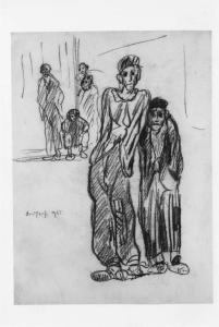Disegno a matita di Aldo Carpi - Deportati davanti alle cucine dell'ospedale di Gusen - Campo di concentramento di Gusen - Nazismo - 1945 - Ritratto maschile: prigionieri deportati