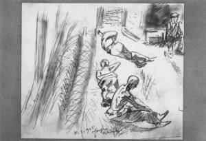 Disegno a matita di Aldo Carpi - Deportati che prendono il sole dopo la liberazione - Campo di concentramento di Gusen - Nazismo - 1945 - Dopo la liberazione - Deportati in cortile