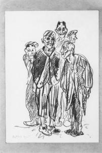 Disegno a matita di Aldo Carpi - Deportati davanti alle cucine dell'ospedale di Gusen - Campo di concentramento di Gusen - Nazismo - 1945 - Ritratto di gruppo: prigionieri deportati