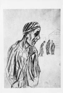 Disegno a matita di Aldo Carpi - Deportato - Campo di concentramento di Mauthausen-Gusen - Nazismo - 1944-1945 - Ritratto maschile: deportato con pigiama a strisce ("zebrati"), berretto, numero di matricola