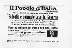 Parte della prima pagina del quotidiano "Il Popolo d'Italia" del 25/07/1943 - Dimissioni di Mussolini - Nomina di Pietro Badoglio capo del governo