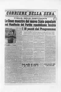 Prima pagina del quotidiano "Corriere della Sera" del 17/11/1943 - Manifesto del Partito repubblicano fascista - Costituente della Repubblica Sociale Italiana (RSI)