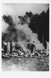 Seconda guerra mondiale - Nazismo - Polonia - Campo di concentramento di Auschwitz-Birkenau - Cremazione in fosse comuni eseguita dal Sonderkommando - Cumulo di cadaveri nudi insepolti dati alle fiamme - Fumo - Uomini