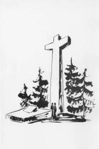 Disegno del memoriale di Ebensee (Austria) in commemorazione dei morti (fatto erigere dalla vedova di Roberto Lepetit) nel campo di concentramento - Monumento - Lapide - Croce - Pini