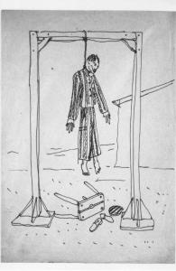 Disegno a penna di Lodovico Belgiojoso - Senza titolo - 1944-1945 - Milano, Raccolte della famiglia Belgiojoso - Campo di concentramento di Mauthausen-Gusen - Nazismo - Forca - Impiccagione di un prigioniero deportato con pigiama a strisce "zebrato"
