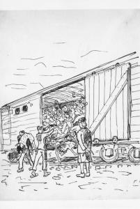 Disegno a penna di Lodovico Belgiojoso - Senza titolo - 1945 - Milano, Raccolte della famiglia Belgiojoso / Campo di concentramento di Mauthausen-Gusen - Nazismo - Deportazione - Arrivo di donne ebree ungheresi - Vagone del treno - Deportate morte - SS donna