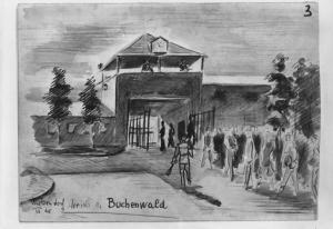 Disegno di Carlo Slama - Arrivo a Buchewald - 1945  - Campo di concentramento di Buchenwald, Germania - Nazismo - Ingresso con torre di controllo - Deportati - SS