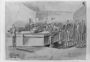 Disegno di Carlo Slama - Spogliazione - 1945  - Campo di concentramento di Buchenwald, Germania - Nazismo - Requisizione dei bagagli e dei vestiti dei deportati
