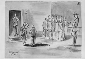 Disegno di Carlo Slama - Senza titolo - 1945  - Campo di concentramento di Buchenwald, Germania - Nazismo - Smistamento dei deportati - SS
