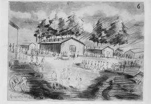 Disegno di Carlo Slama - Quarantena - 1945  - Campo di concentramento di Buchenwald, Germania - Nazismo - Cortile - Baracche - Prigionieri deportati - SS