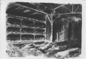 Disegno di Carlo Slama - Dormitorio - 1945  - Campo di concentramento di Buchenwald, Germania - Nazismo - Baracca, interno - Dormitorio