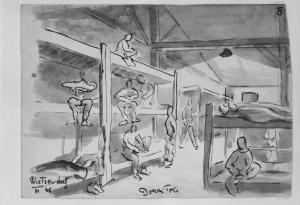 Disegno di Carlo Slama - Dormitorio - 1945  - Campo di concentramento di Buchenwald, Germania - Nazismo - Baracca, interno - Dormitorio - Letti - Prigionieri con pigiama a strisce ("zebrati")