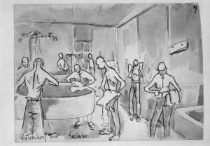 Disegno di Carlo Slama - Lavabo - 1945  - Campo di concentramento di Buchenwald, Germania - Nazismo - Baracca, interno - Bagno con lavabi e doccia - Prigionieri con pigiama a strisce ("zebrati")