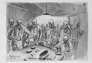 Disegno di Carlo Slama - Distribuzione pane - 1945  - Campo di concentramento di Buchenwald, Germania - Nazismo - Baracca, interno - Distribuzione del cibo - Prigionieri con pigiama a strisce ("zebrati")
