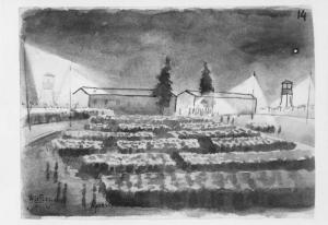 Disegno di Carlo Slama - Appello - 1945  - Campo di concentramento di Buchenwald, Germania - Nazismo - Veduta dall'alto - Cortile interno - Appello - Prigionieri schierati in piedi - Baracche - Torri di controllo