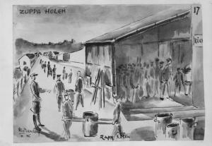 Disegno di Carlo Slama - Zuppa holen - 1945  - Campo di concentramento di Buchenwald, Germania - Nazismo - Cucina - Trasporto della zuppa verso le baracche - Prigionieri con pigiama a strisce ("zebrati") - SS