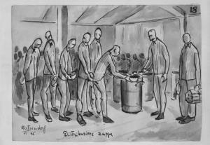 Disegno di Carlo Slama - Distribuzione zuppa - 1945  - Campo di concentramento di Buchenwald, Germania - Nazismo - Baracca, interno - Distribuzione del cibo - Prigionieri con pigiama a strisce ("zebrati") - Ciotola