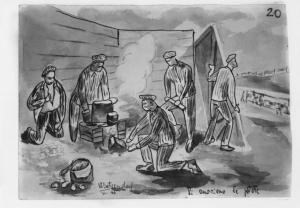 Disegno di Carlo Slama - Si cuociono le patate - 1945  - Campo di concentramento di Buchenwald, Germania - Nazismo - Cottura delle patate sul fuoco (di nascosto?) - Prigionieri con pigiama a strisce ("zebrati")