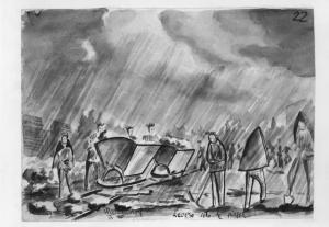 Disegno di Carlo Slama - Lavoro sotto la pioggia - 1945  - Campo di concentramento di Buchenwald, Germania - Nazismo - Cava - Kommando di prigionieri con pigiama a strisce ("zebrati") - Lavori forzati sotto la pioggia - Carrelli