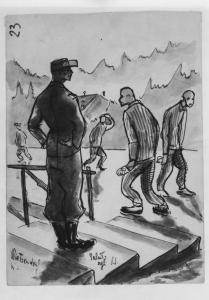 Disegno di Carlo Slama - Saluto agli S.S. - 1945  - Campo di concentramento di Buchenwald, Germania - Nazismo - Cortile - Prigionieri con pigiama a strisce ("zebrati") - SS