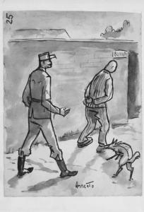 Disegno di Carlo Slama - Arresto  - Campo di concentramento di Buchenwald, Germania - Nazismo - Prigioniero con pigiama a strisce ("zebrato") ammanettato - SS con divisa - Insegna bunker