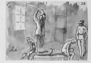 Disegno di Carlo Slama - 25 Bastonate - 1945  - Campo di concentramento di Buchenwald, Germania - Nazismo - Stanza, interno - Tortura - Prigioniero bastonato da altri detenuti - SS in divisa