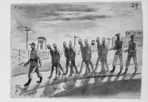 Disegno di Carlo Slama - Verso la forca - 1945  - Campo di concentramento di Buchenwald, Germania - Nazismo - Prigionieri con pigiama a strisce, ammanettati, scortati da SS in divisa - Recinzione con filo spinato - Torrette di guardia
