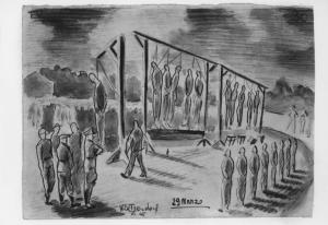 Disegno di Carlo Slama - 29 marzo - 1945  - Campo di concentramento di Buchenwald, Germania - Nazismo - Forca - Esecuzione - Prigionieri con pigiama a strisce ("zebrati") appesi - SS in divisa