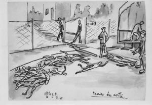 Disegno di Carlo Slama - Scarico dei morti - 1945  - Campo di concentramento di Buchenwald, Germania - Nazismo - Revier (baracca con i malati) - Trasporto dei malati - Camion - Prigionieri morti lasciati a terra